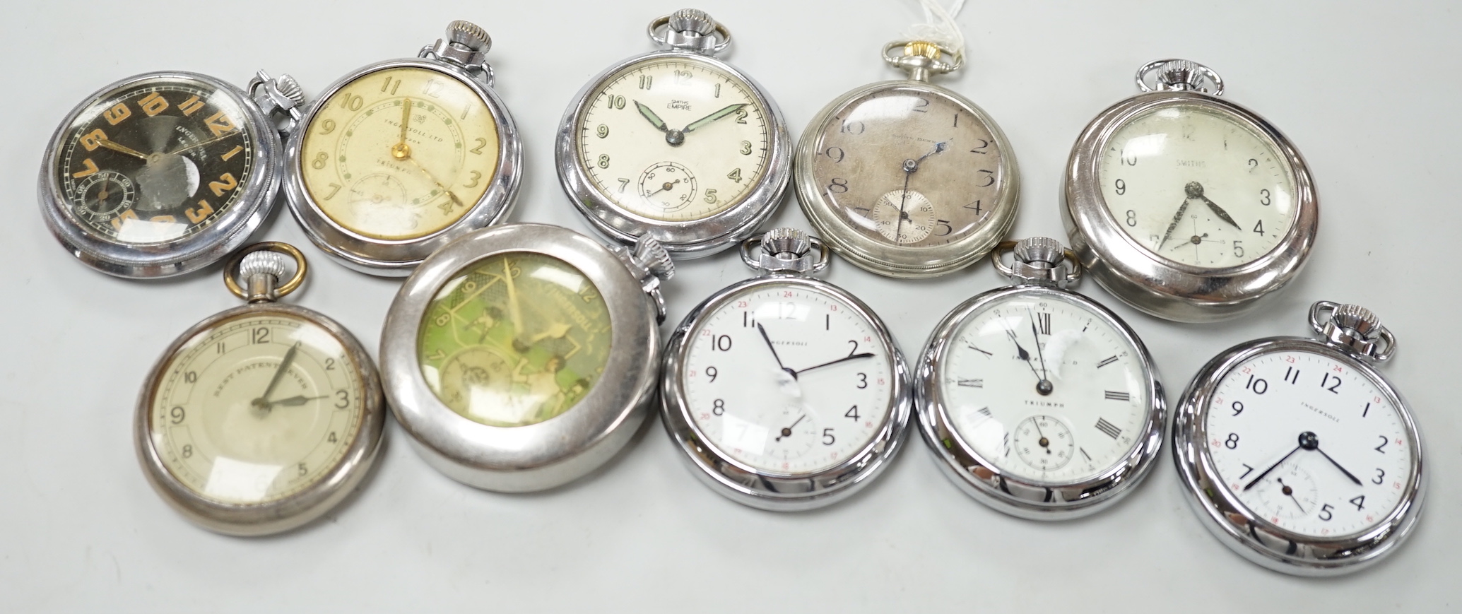 Ten assorted base metal pocket watches including Ingersoll football related, Smiths and Smiths Empire etc.